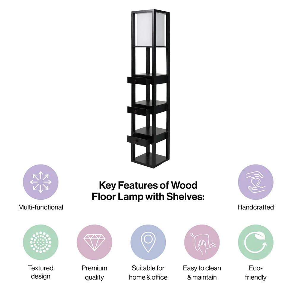 Mango Wood Floor Lamp with Three Drawer Shelf in Black