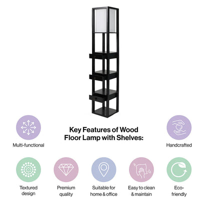 Mango Wood Floor Lamp with Three Drawer Shelf in Black