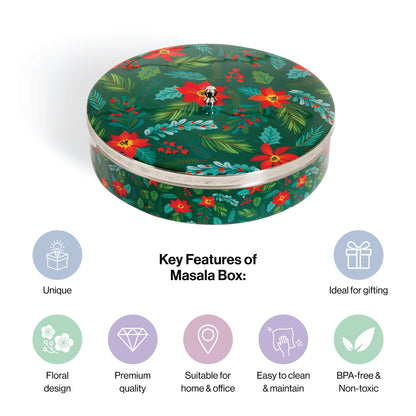 Stainless Steel Round Spice Box Masala Box Dabba for Kitchen Decor-Green Floral Prints Pattern