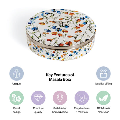 Stainless Steel Round Spice Box Masala Box Dabba for Kitchen Decor-White Floral Prints Pattern