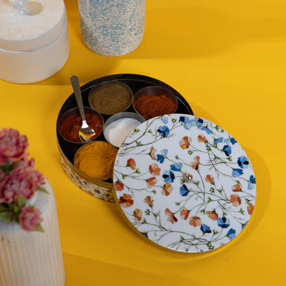 Stainless Steel Round Spice Box Masala Box Dabba for Kitchen Decor-White Floral Prints Pattern