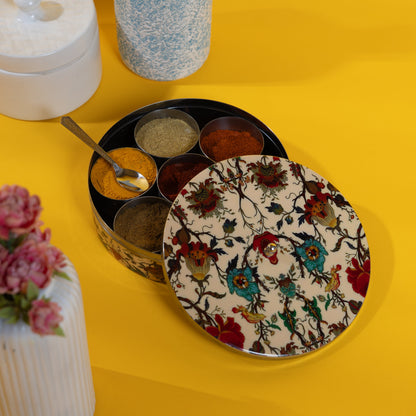 Stainless Steel Round Spice Box Masala Box Dabba for Kitchen Decor-Peach Floral Prints Pattern