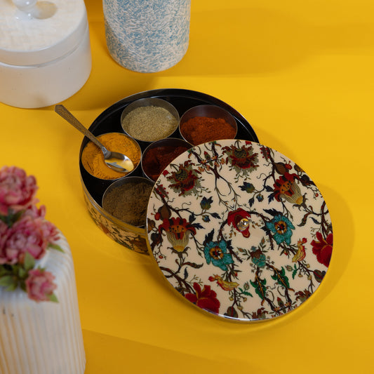 Stainless Steel Round Spice Box Masala Box Dabba for Kitchen Decor-Peach Floral Prints Pattern