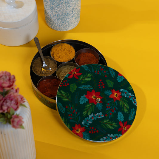 Stainless Steel Round Spice Box Masala Box Dabba for Kitchen Decor-Green Floral Prints Pattern