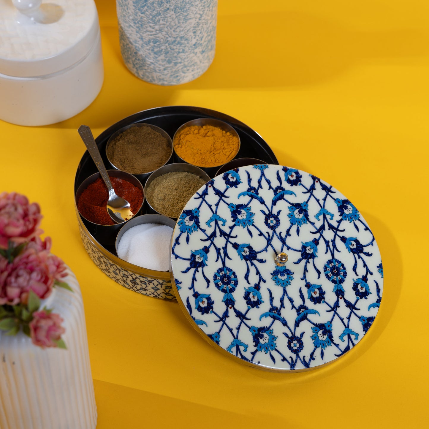 Stainless Steel Round Spice Box Masala Box Dabba for Kitchen Decor-Wild Floral Prints Pattern