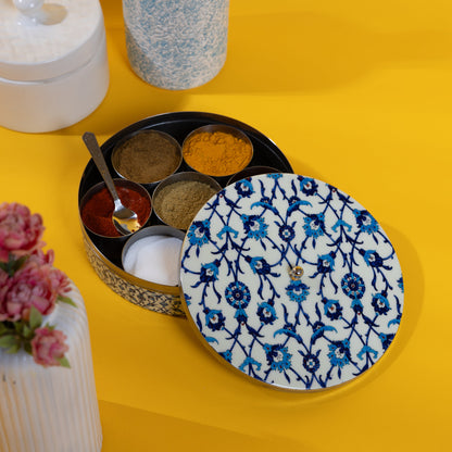 Stainless Steel Round Spice Box Masala Box Dabba for Kitchen Decor-Wild Floral Prints Pattern