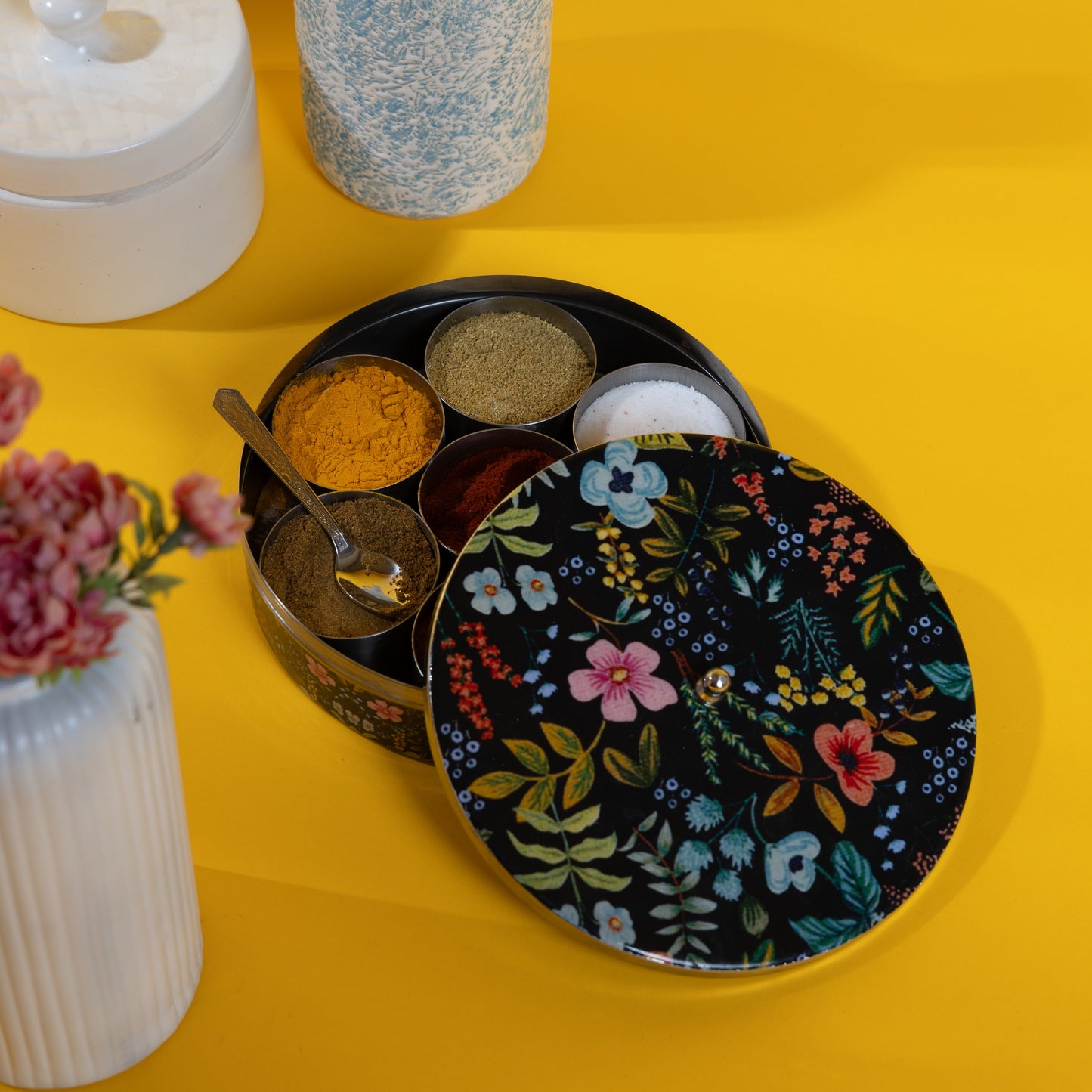 Stainless Steel Round Spice Box Masala Box Dabba for Kitchen Decor-Timberwolf Prints Pattern