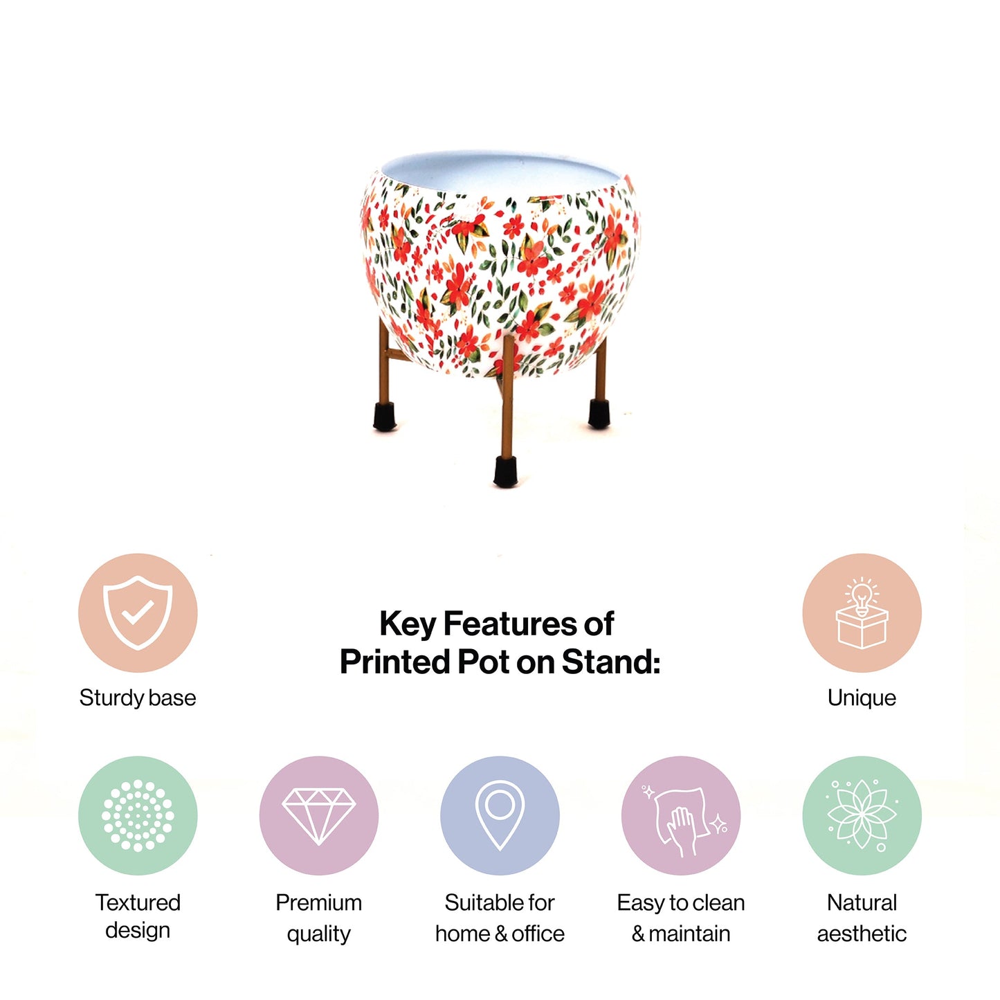 Round Iron Metal Meena Pots with Iron Stand in Floral Print