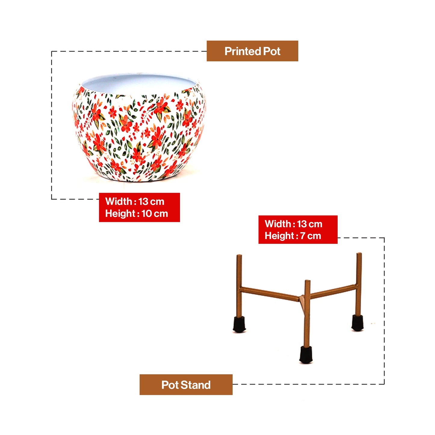 Round Iron Metal Meena Pots with Iron Stand in Floral Print