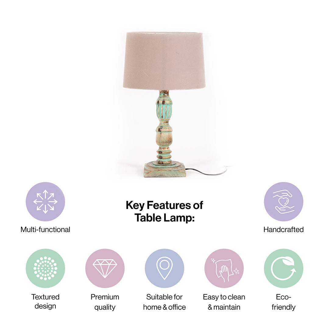 Wooden Piller Table Lamp with Light Blue Shade