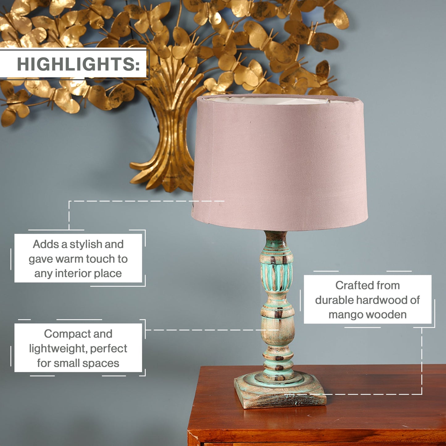 Wooden Piller Table Lamp with Light Blue Shade