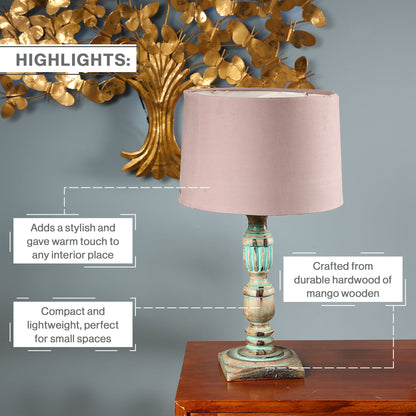 Wooden Piller Table Lamp with Light Blue Shade