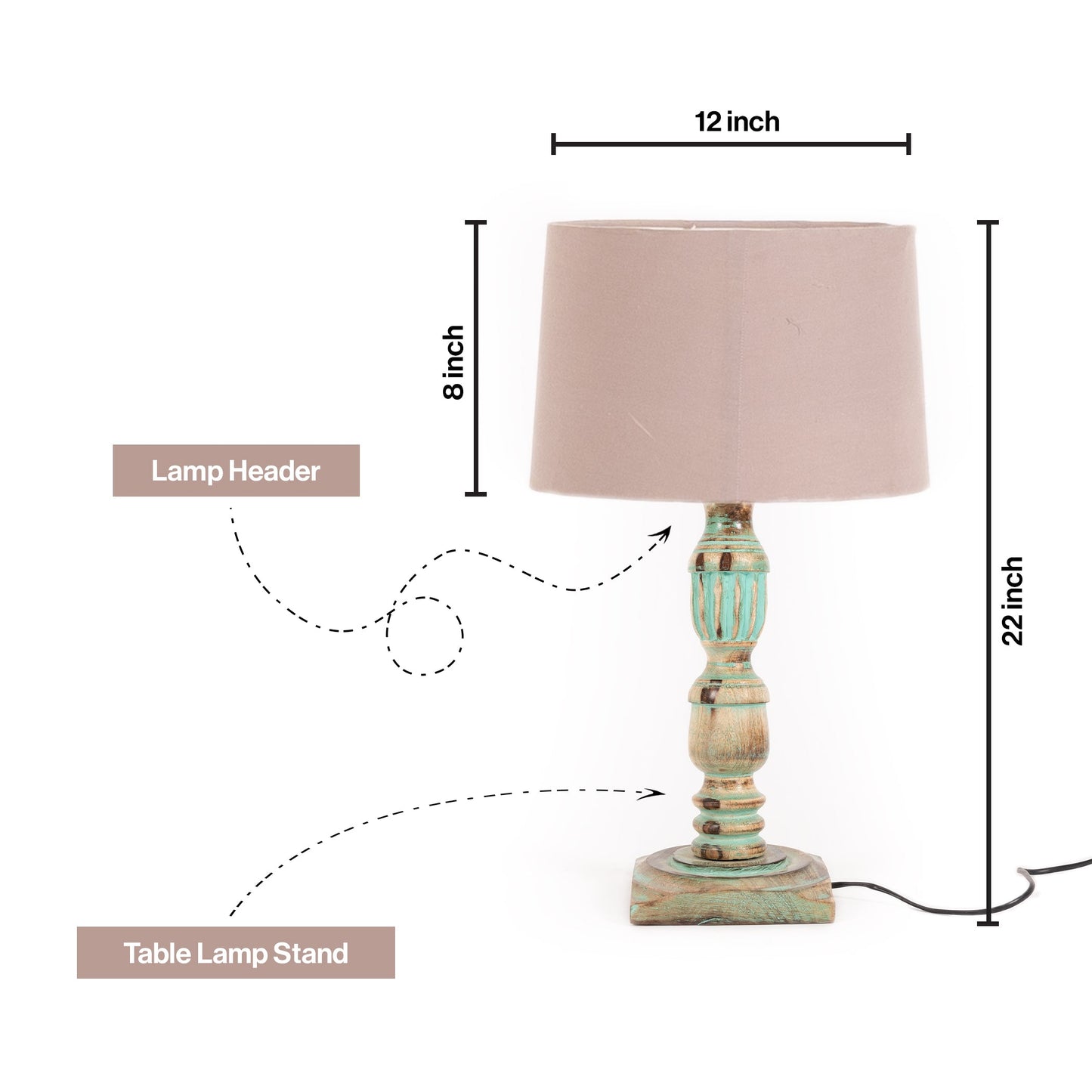 Wooden Piller Table Lamp with Light Blue Shade