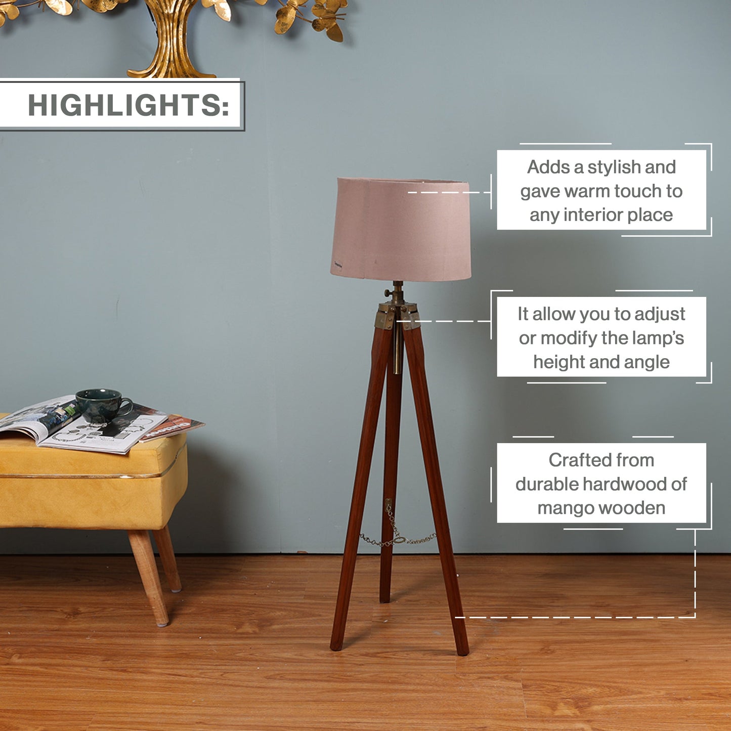 Wooden Crafter Tripod Floor Lamp With Brown Finish