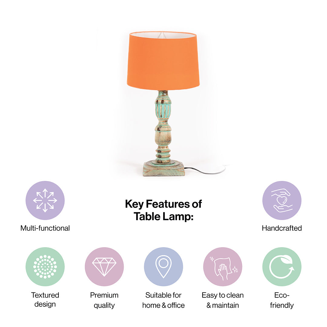 Wooden Piller Table Lamp with Light Blue Shade