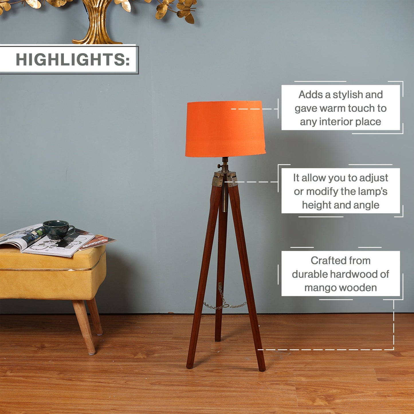 Wooden Crafter Tripod Floor Lamp With Brown Finish