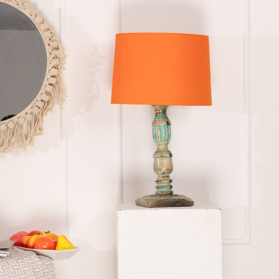 Wooden Piller Table Lamp with Light Blue Shade