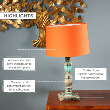 Wooden Piller Table Lamp with Light Blue Shade