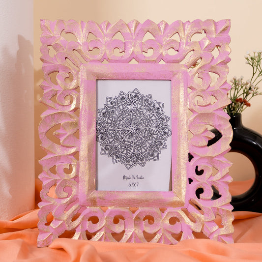 Handcarved Wooden Photo Frame in Pink-Wall Hanging and Tabletop Display