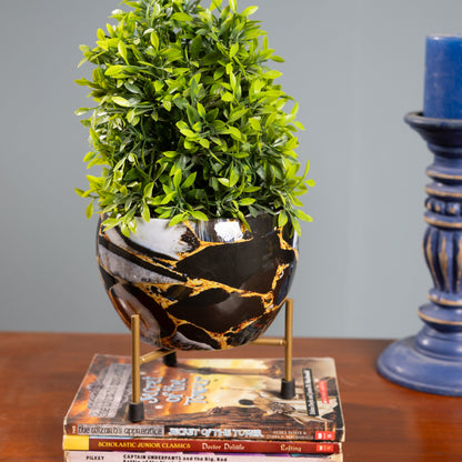 Round Iron Metal Meena Pots with Iron Stand in Black Design