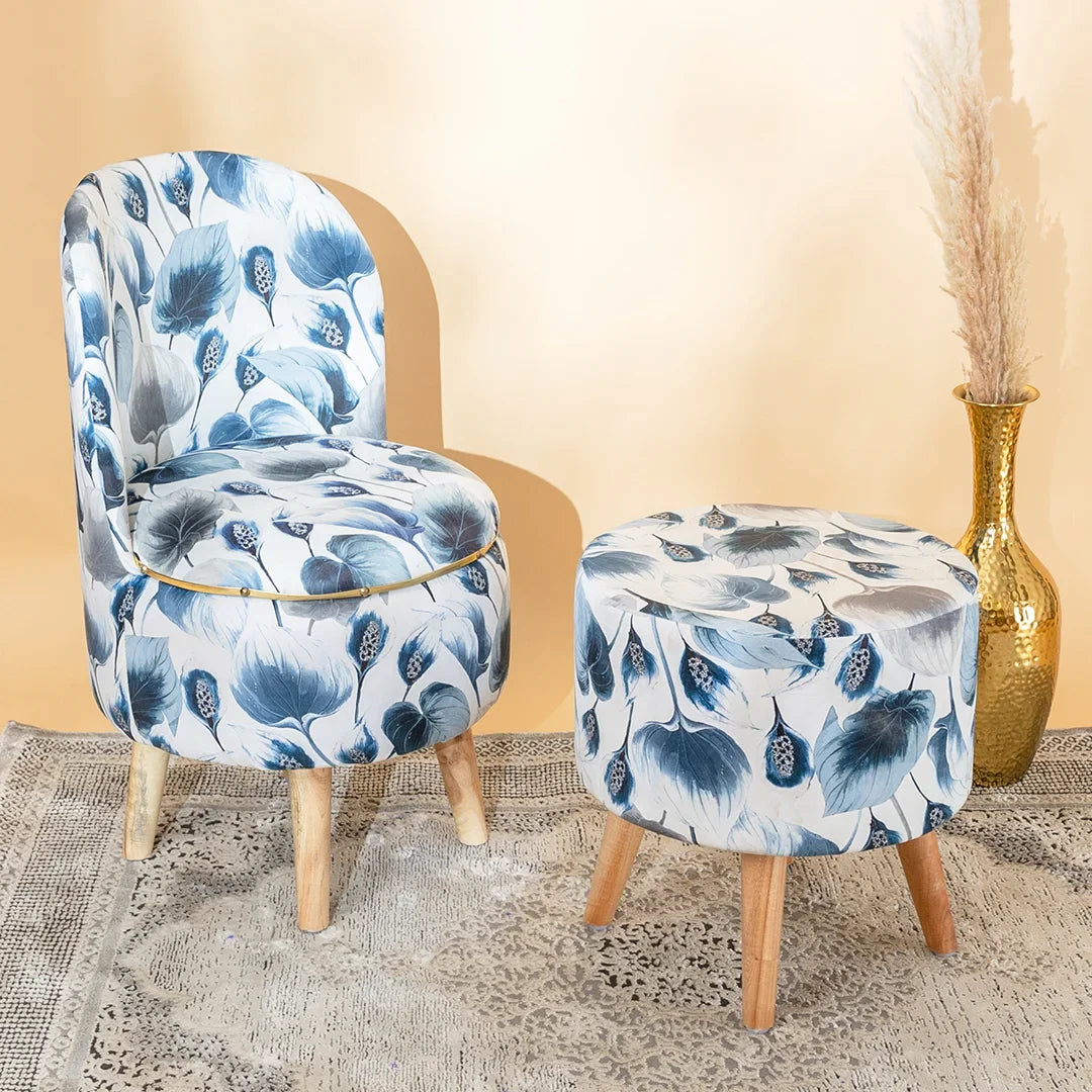 Ottoman Pouffes Print Chair and Stool Combo in Leafy Drift