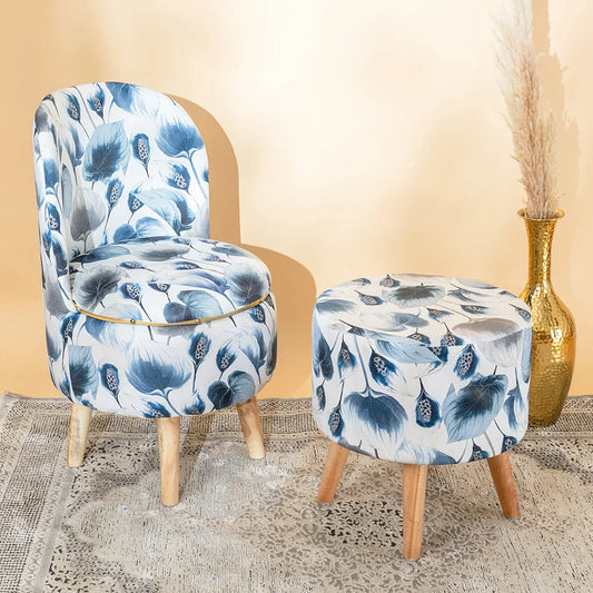 Ottoman Pouffes Print Chair and Stool Combo in Leafy Drift