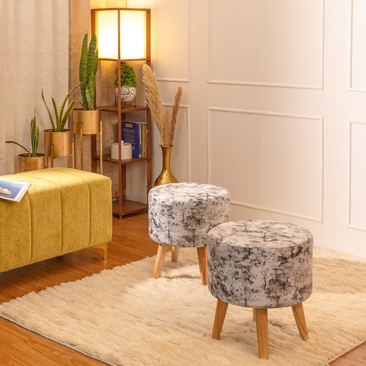 Printed Ottoman Pouff Stool In Midnight Smoke - Combo Of 2