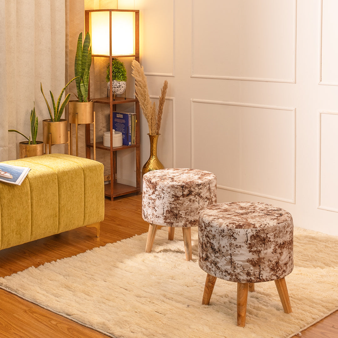 Printed Ottoman Pouff Stool In Brewed Bean - Combo Of 2