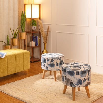 Printed Ottoman Pouff Stool In Leafy Drift - Combo Of 2