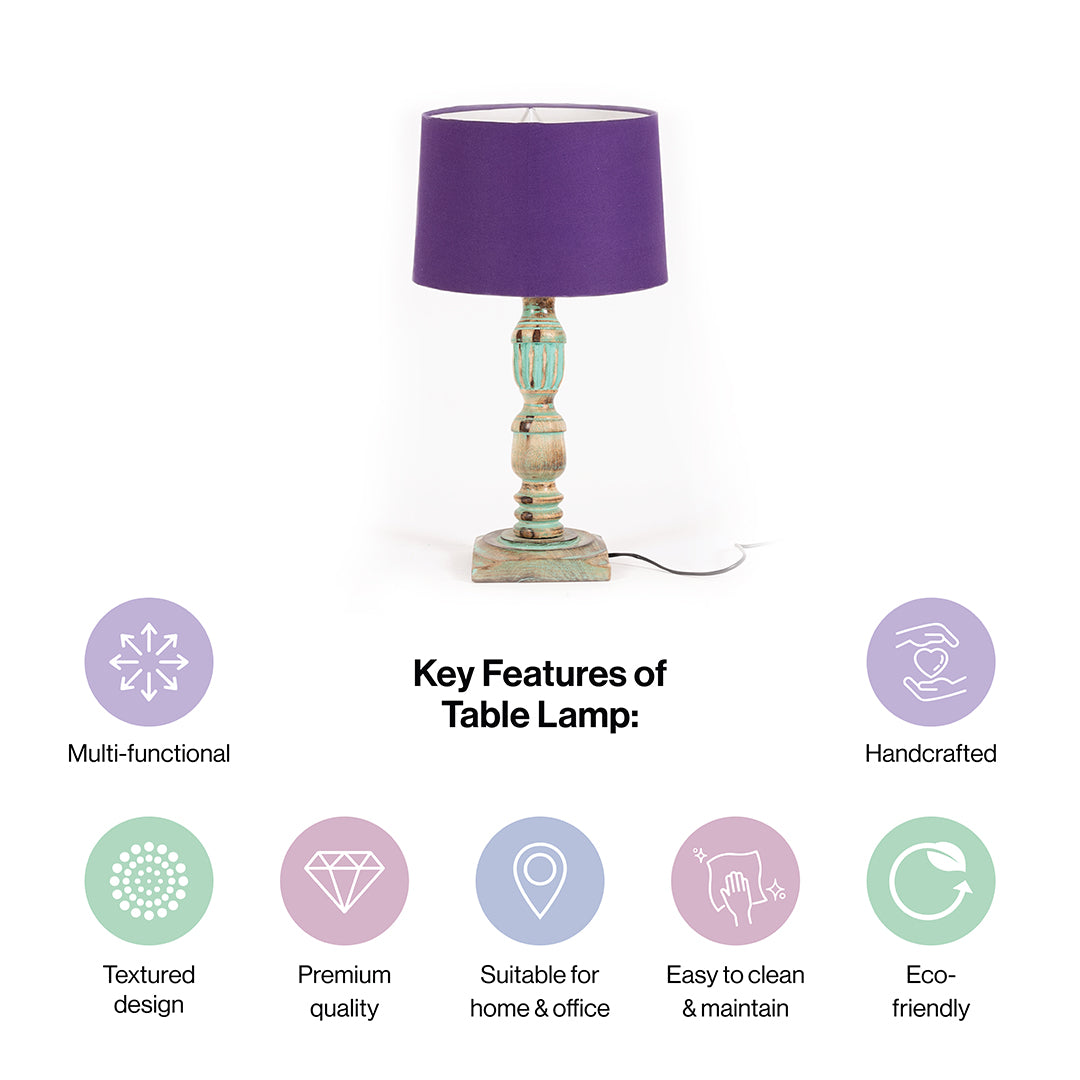 Wooden Piller Table Lamp with Light Blue Shade