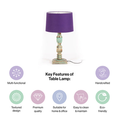 Wooden Piller Table Lamp with Light Blue Shade