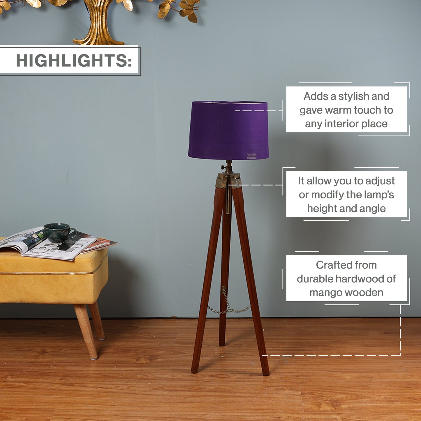 Wooden Crafter Tripod Floor Lamp With Brown Finish