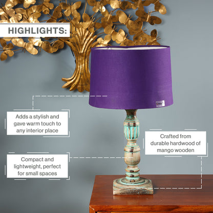 Wooden Piller Table Lamp with Light Blue Shade