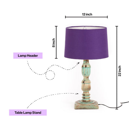 Wooden Piller Table Lamp with Light Blue Shade