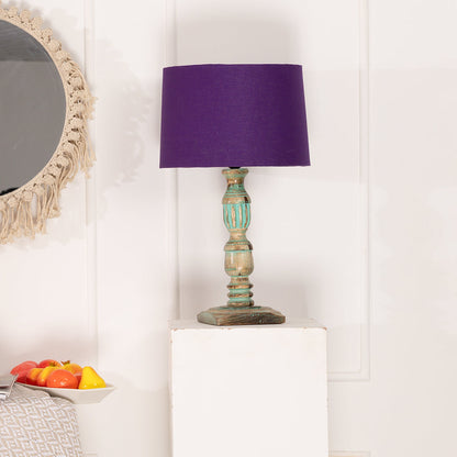 Wooden Piller Table Lamp with Light Blue Shade