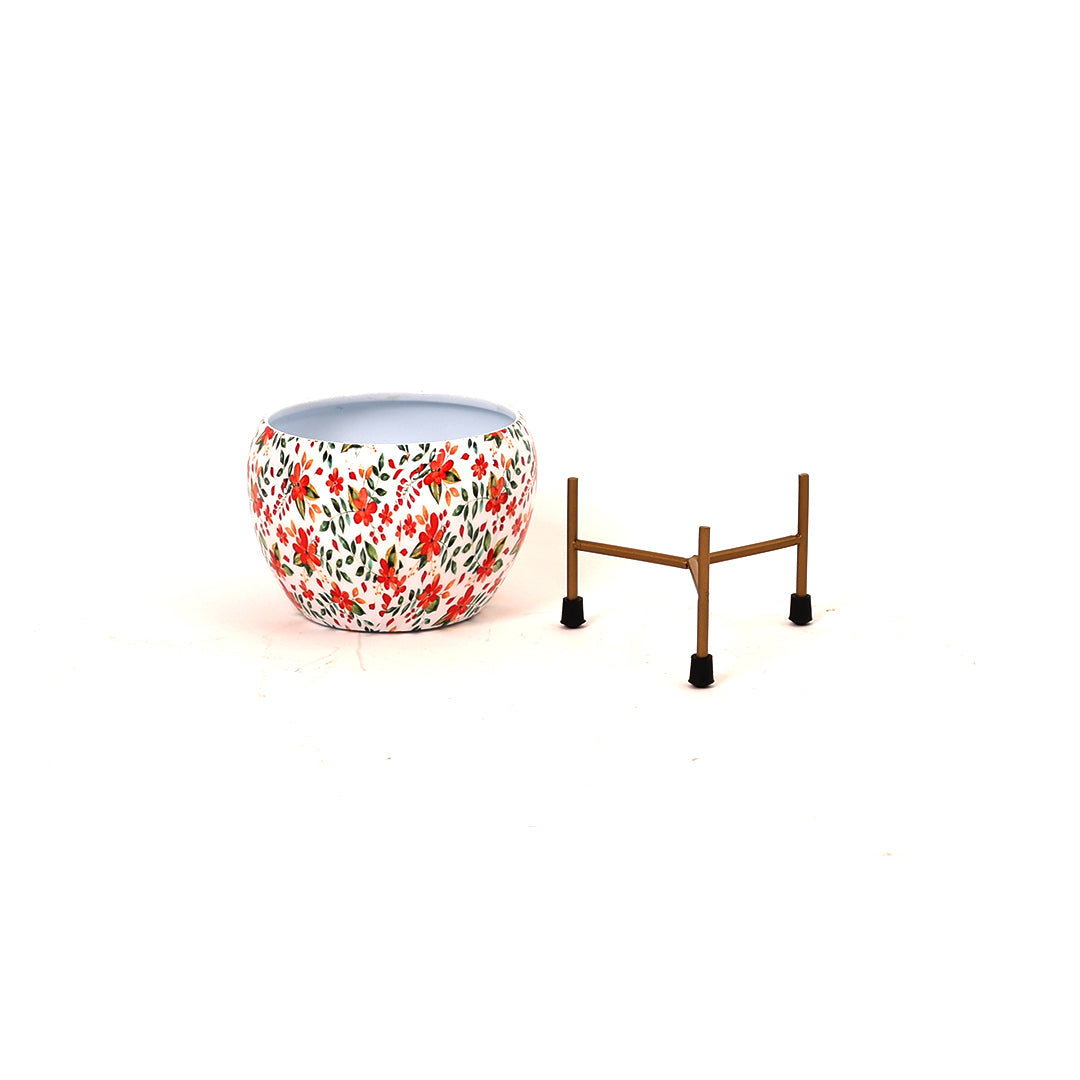 Round Iron Metal Meena Pots with Iron Stand in Floral Print
