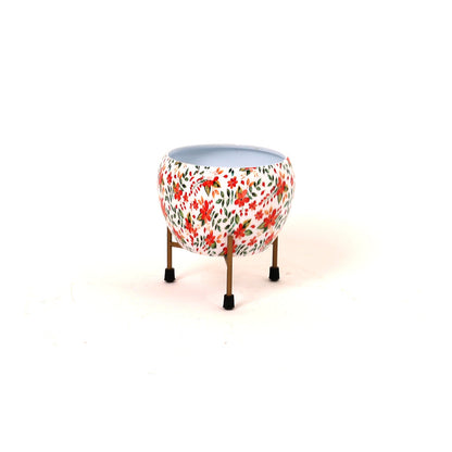 Round Iron Metal Meena Pots with Iron Stand in Floral Print