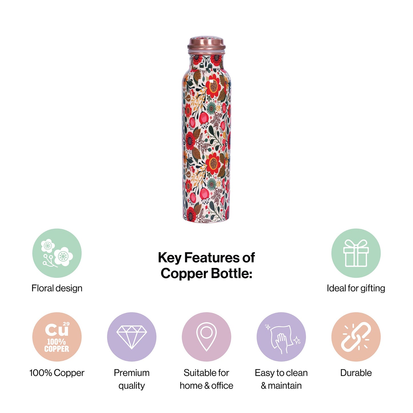 Meenakari Copper Water Bottle 1 Litre In Red For Kitchen Decor