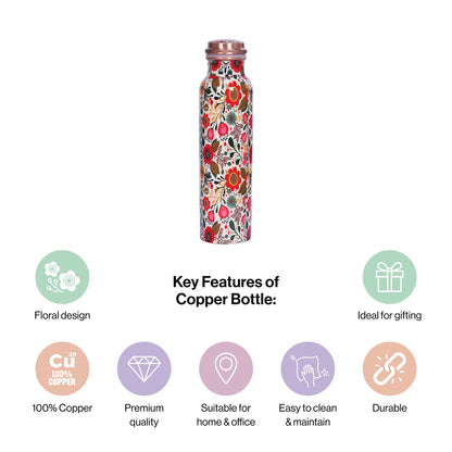 Meenakari Copper Water Bottle 1 Litre In Red For Kitchen Decor