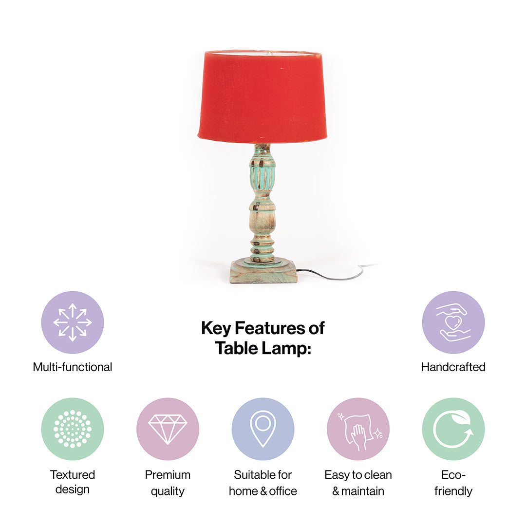 Wooden Piller Table Lamp with Light Blue Shade