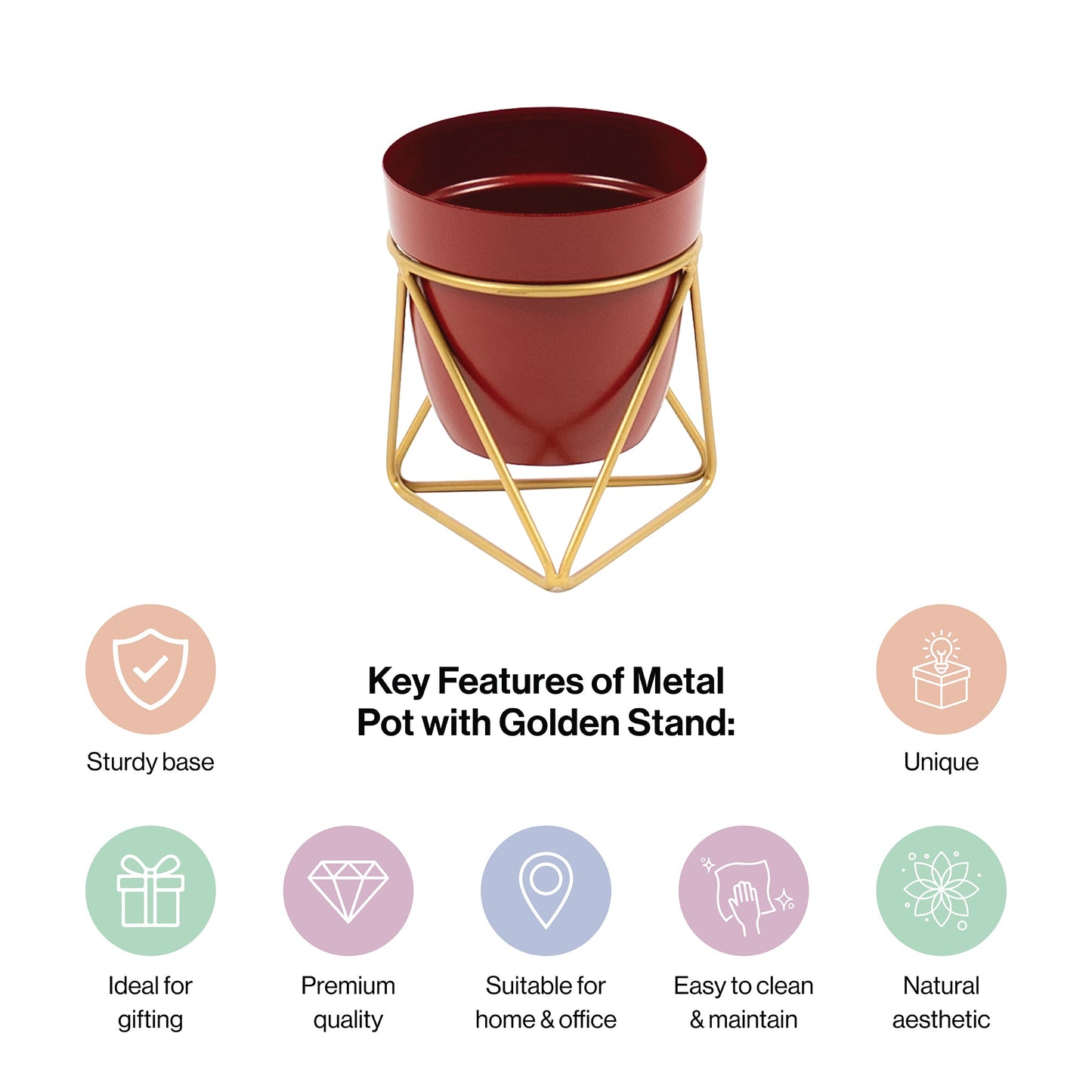 Single Golden Metal Pot Plant Stand In Mahogany