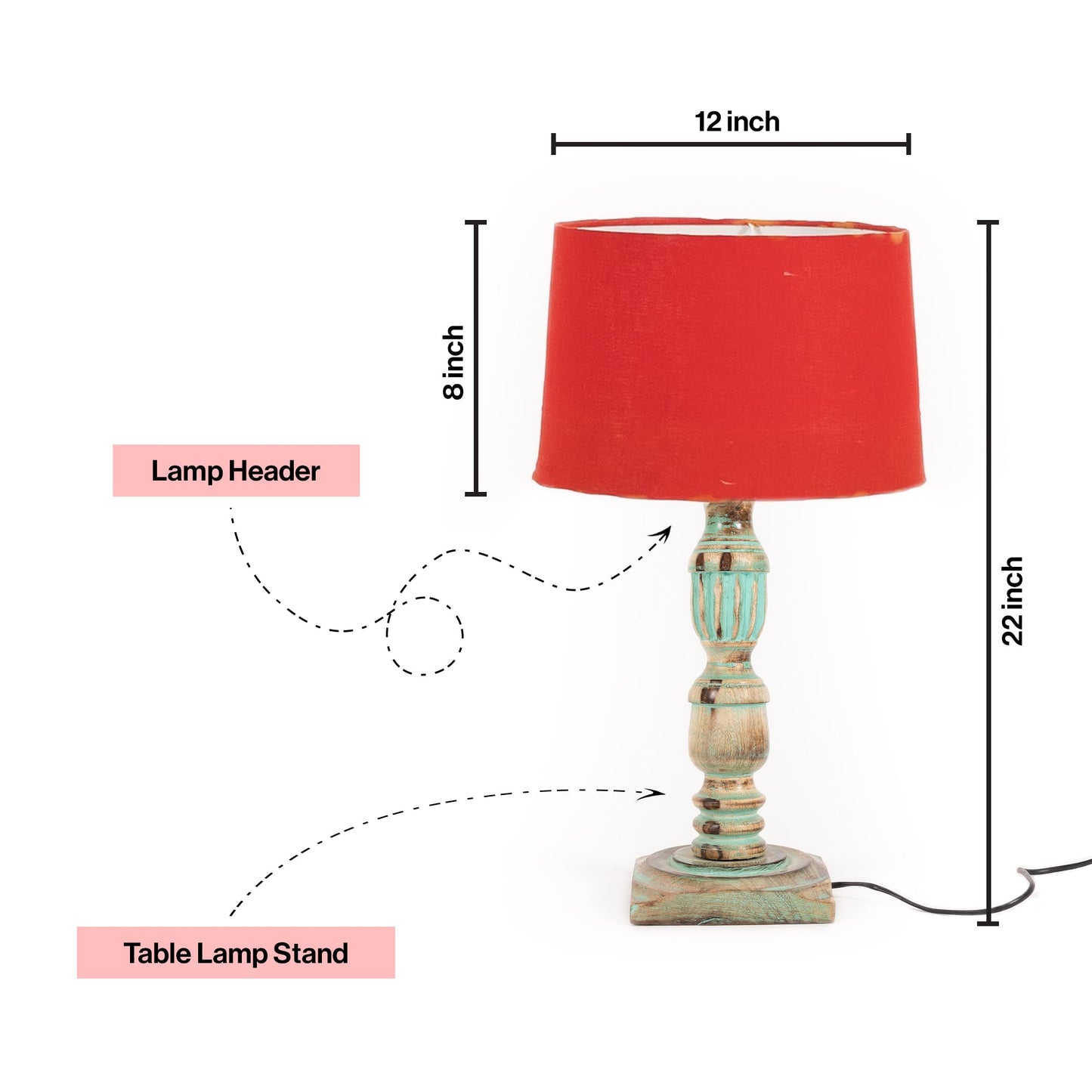 Wooden Piller Table Lamp with Light Blue Shade