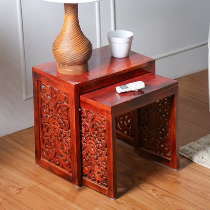 Wooden Nesting Tables Set of 2 in Reddish Brown