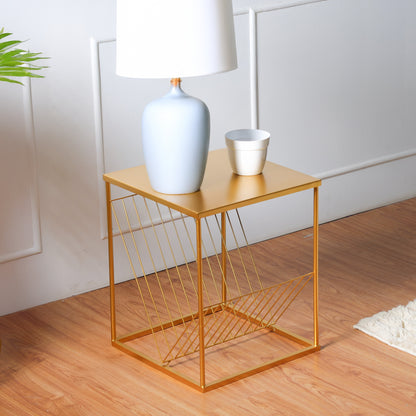 Decorative Metal Side End Table in Golden with Storage