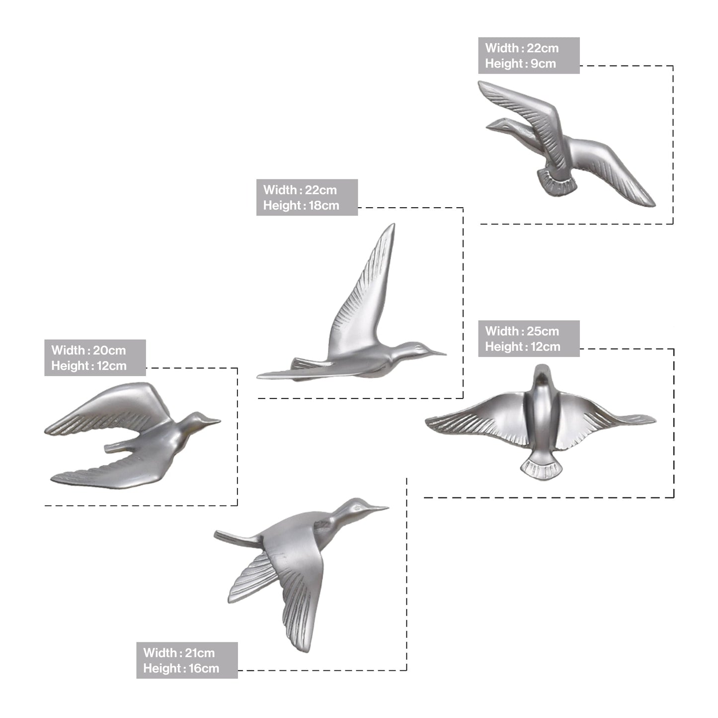 Resin Flying Birds Wall Hanging In Celestial Silver (Set Of 5)