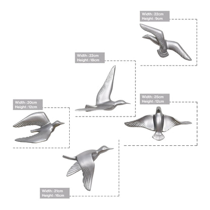 Resin Flying Birds Wall Hanging In Celestial Silver (Set Of 5)