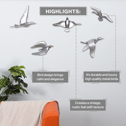 Resin Flying Birds Wall Hanging In Celestial Silver (Set Of 5)