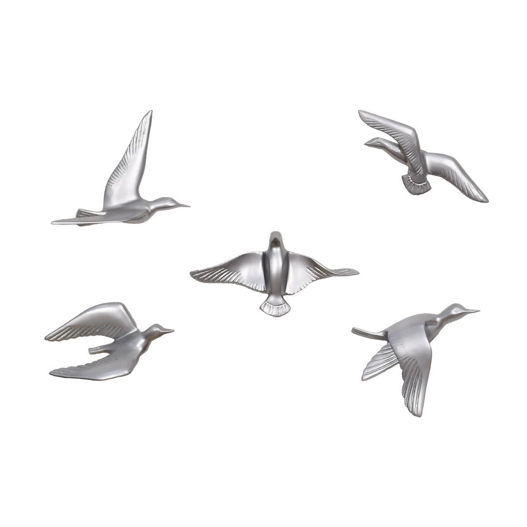 Resin Flying Birds Wall Hanging In Celestial Silver (Set Of 5)