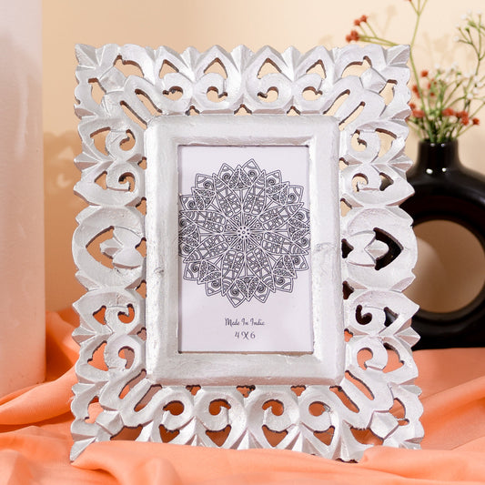 Handcarved Wooden Photo Frame in White-Wall Hanging and Tabletop Display