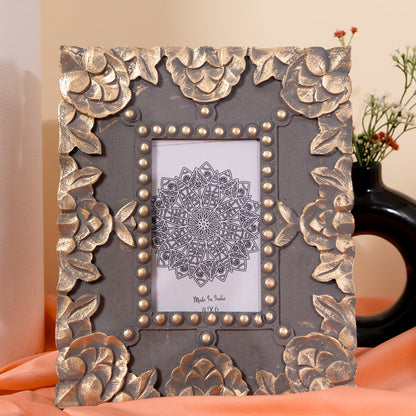 Handcarved Wooden Floral Photo Frame in Grey